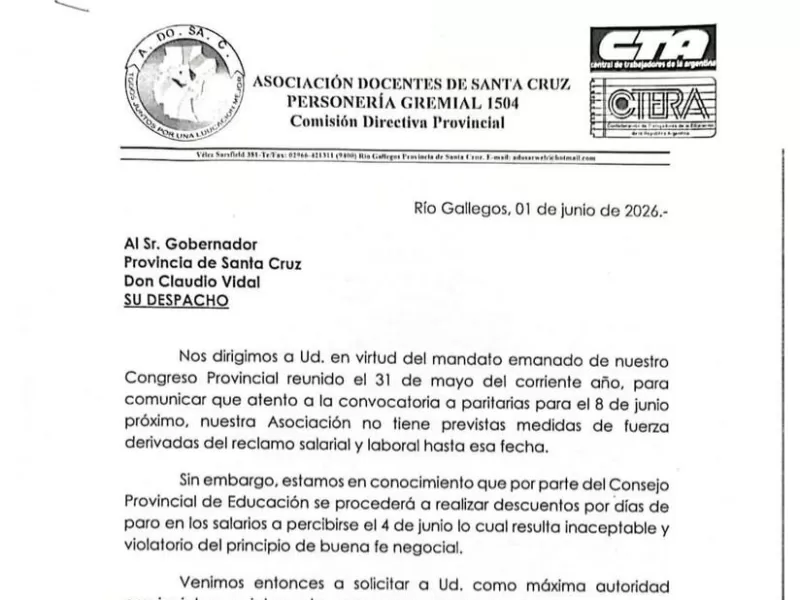 ADOSAC LE ENVI&Oacute; UNA NOTA A VIDAL PARA QUE EVITE LOS DESCUENTOS POR PARO Y DETENGA LAS MEDIDAS ANTISINDICALES ANTES DE LA PARITARIA