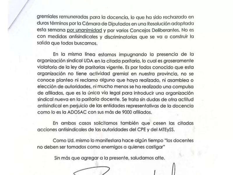 ADOSAC LE ENVIÓ UNA NOTA A VIDAL PARA QUE EVITE LOS DESCUENTOS POR PARO Y DETENGA LAS MEDIDAS ANTISINDICALES ANTES DE LA PARITARIA